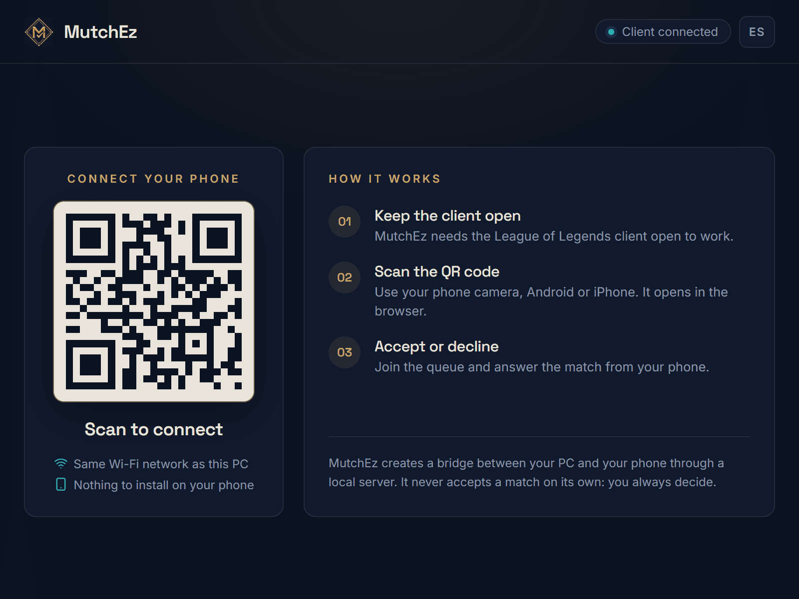 MutchEz desktop app showing the QR code to connect a phone and the three setup steps