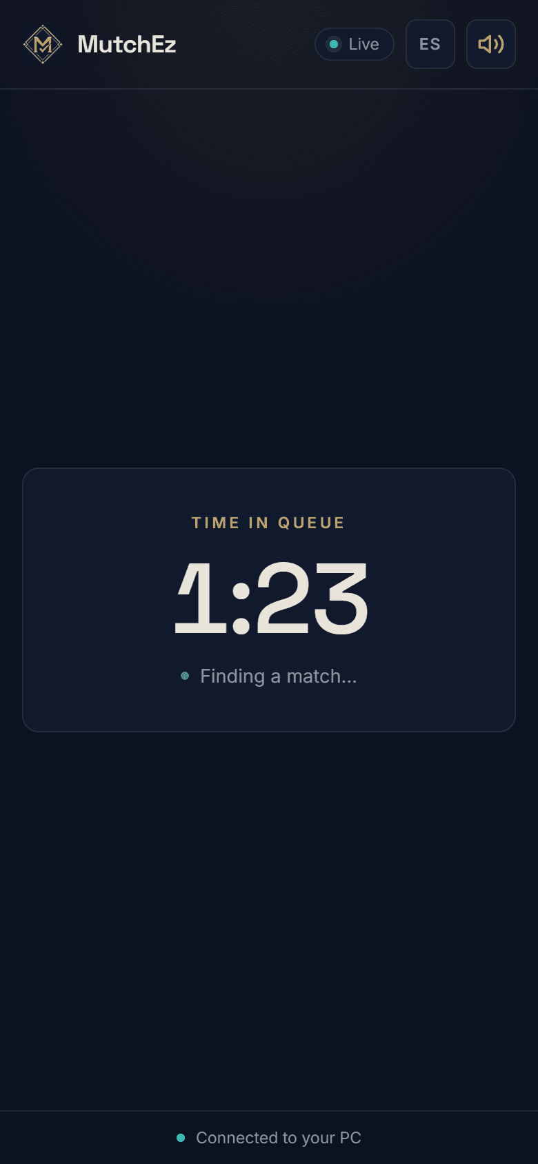 MutchEz on a phone showing the time in queue while searching for a match