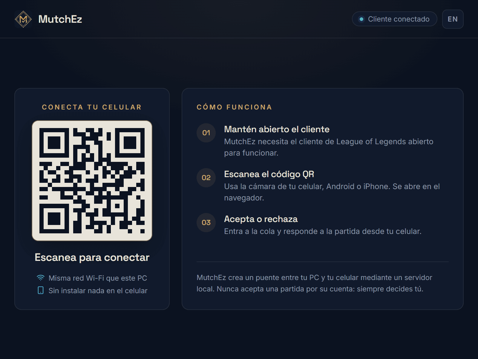 App de escritorio de MutchEz mostrando el código QR para conectar el celular y los tres pasos
