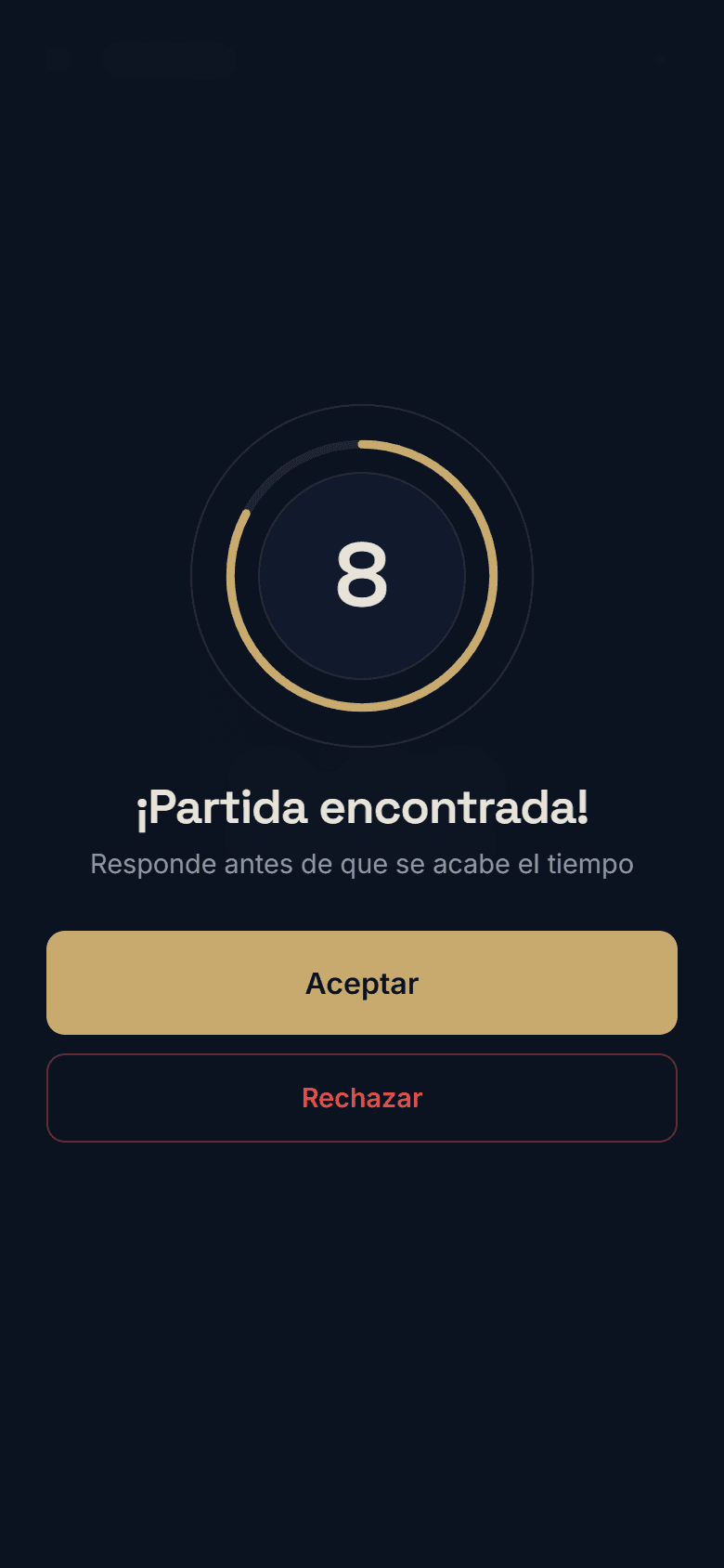 MutchEz en un celular mostrando una partida encontrada con cuenta regresiva y botones Aceptar y Rechazar