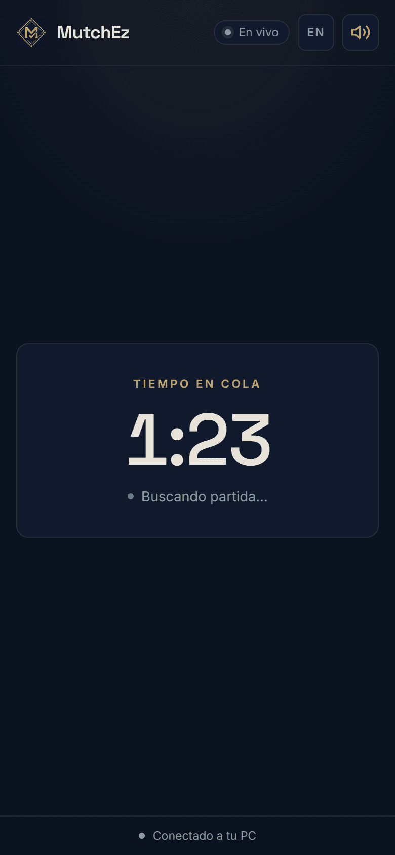 MutchEz en un celular mostrando el tiempo en cola mientras busca partida